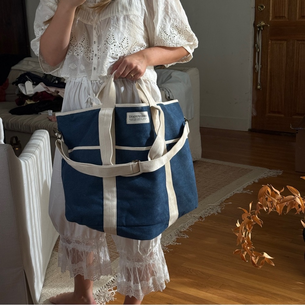 Sezane Canvas Tote Bag with Cream Straps - Navy
